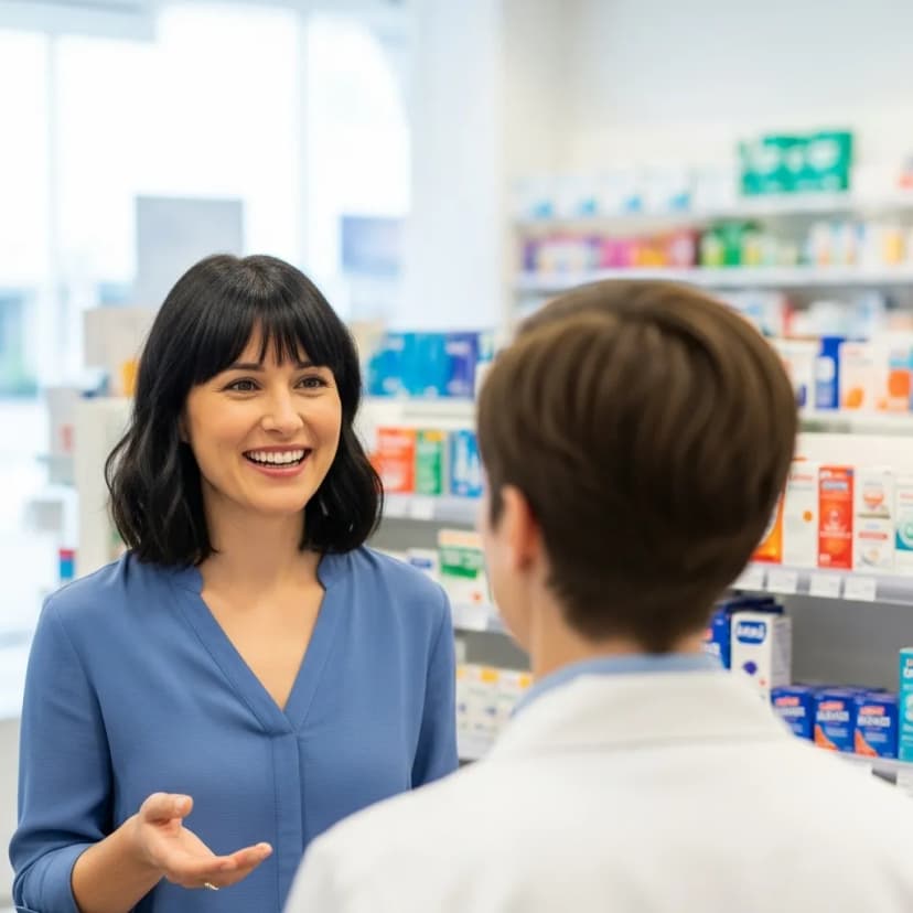 Smiling pharmacist helping customer